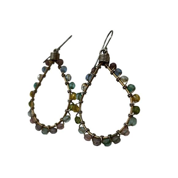 Wrapped Wire and Pastel Beaded Fishhook Earrings 2 Inch Drop - Picture 3 of 6